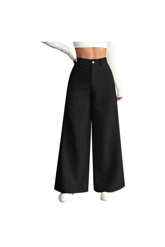 Women's Pants - Pants for Women Corduroy Wide Leg Palazzo Culottes Bottoms Work Trousers Loose Fit Dressy Casual Office Elastic Waist Black L