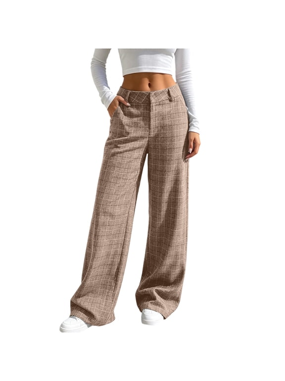 Women's Pants Plaid Low Rise Trousers Baggy Wide Leg Pants Gingham Tweed Checkered Slack Pants Khaki S