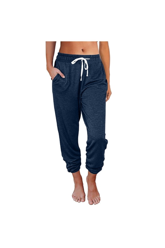 Women's Pants Plus Size Casual Solid Color Comfy High Rise Pants for Women Fashion Loose Fit Workout Drawstring Lightweight Party Vacation Beach Pants with Pocket(Dark Blue,L)