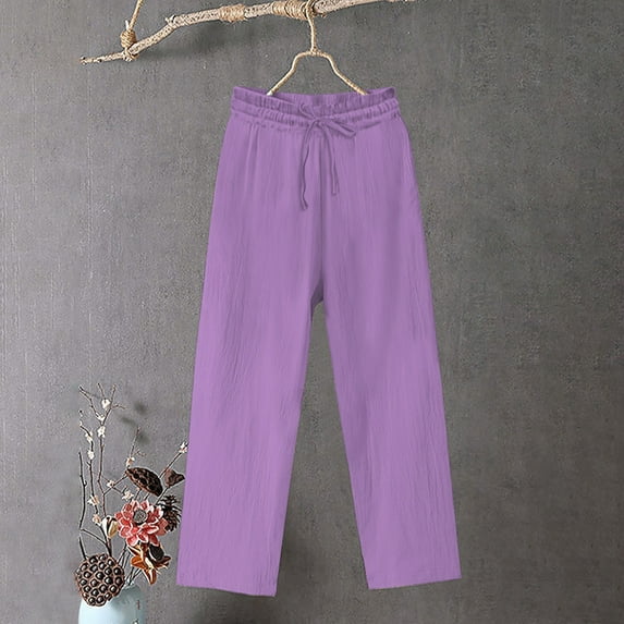 Women's Pants Plus Size $10 Spring Solid Color Lace-Up With Cotton And Linen All Straight Leg Casual Pants