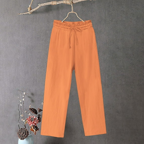 Women's Pants Plus Size $10 Spring Solid Color Lace-Up With Cotton And Linen All Straight Leg Casual Pants