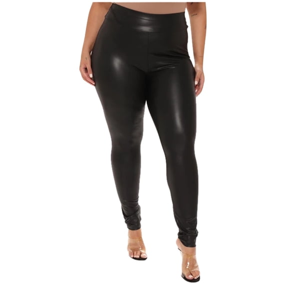 Women's Pants Plus Size High Waisted Black Leather Trousers Casual Stretch Leather Leggings Slim Fit Bottoms for Daily Wear
