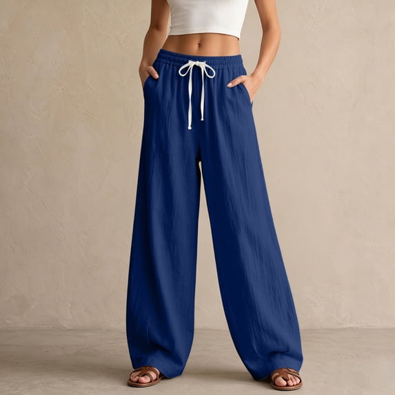 Women's Pants Plus Size Petite Summer Loose Casual High Waisted Elastic Waistband Pocket Straight Leg Cropped Pants