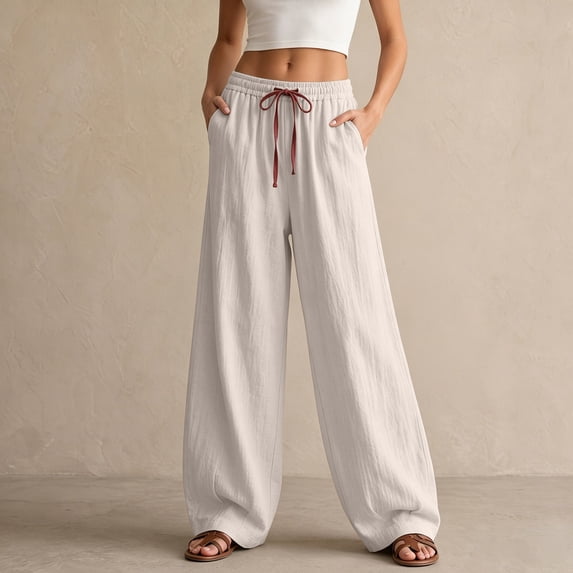 Women's Pants Plus Size Petite Summer Loose Casual High Waisted Elastic Waistband Pocket Straight Leg Cropped Pants