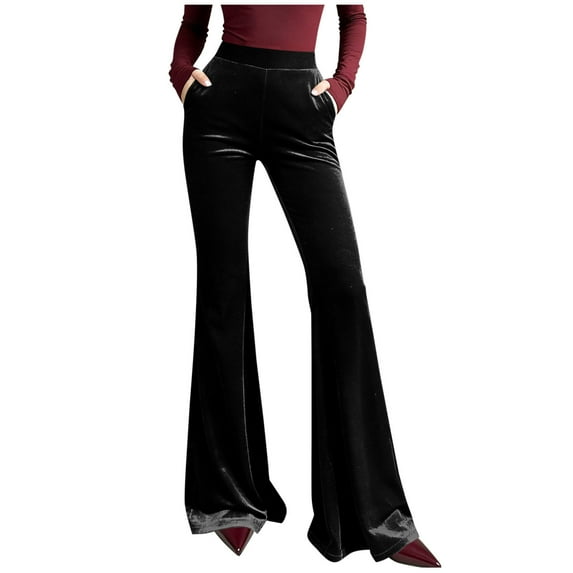 Women's Pants Sevevn Women's Retro Velvet Flare Pants High Waist Bell Bottom Trousers for Party Black M