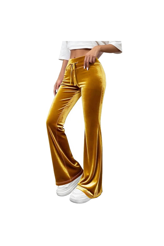 Women's Pants Sevevn Women's Velvet Flare Pants Drawstring High Waist Stretchy Bell Bottom Trousers Gold S