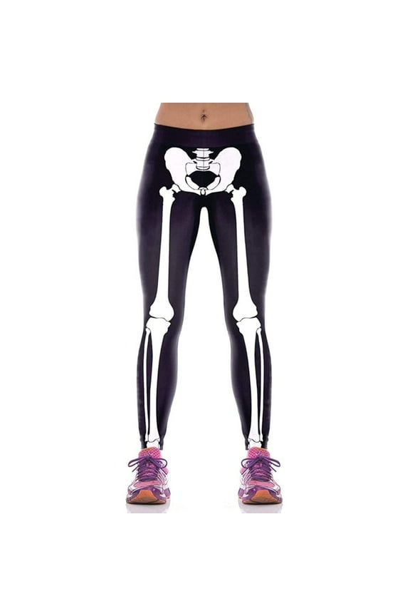 Women's Pants Skeleton Print Leggings Bone Leg Black Spandex Tight Pants Black Womens Trousers L
