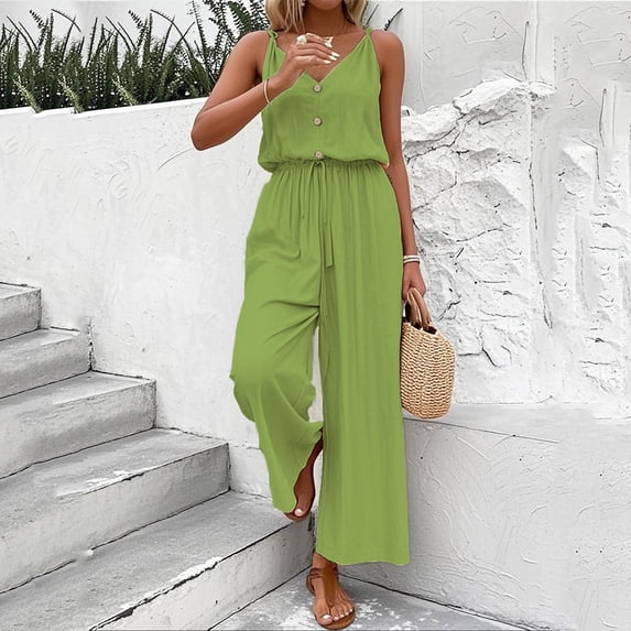 Women's Pants Solid Color Buttoned Cropped Wide Leg Elastic Waist Bodysuit Green XL