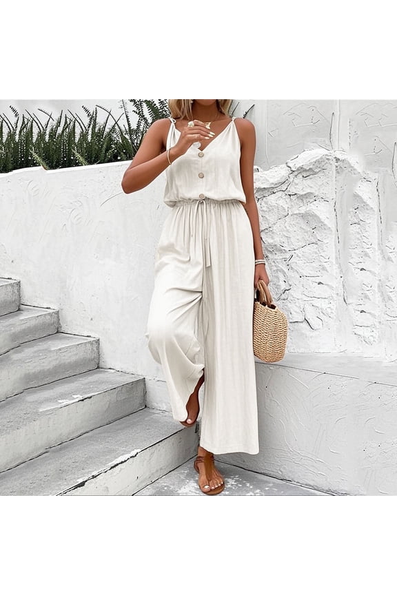 Women's Pants Solid Color Buttoned Cropped Wide Leg Elastic Waist Bodysuit White M