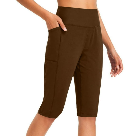 Women's Pants Solid Color High Waisted Hip Elastic Straight Leg Fitness Pocket Sports Yoga Shorts Brown XL
