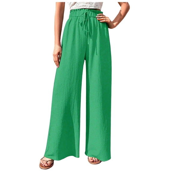 Women's Pants Solid Elastic Waist Trouser Pant High Waist Wide Leg Regular Fit Palazzo Pants With Pocket Women High Waist Pants Casual Beach Comber Pants Women Casual Summer Pants plus Size Casual