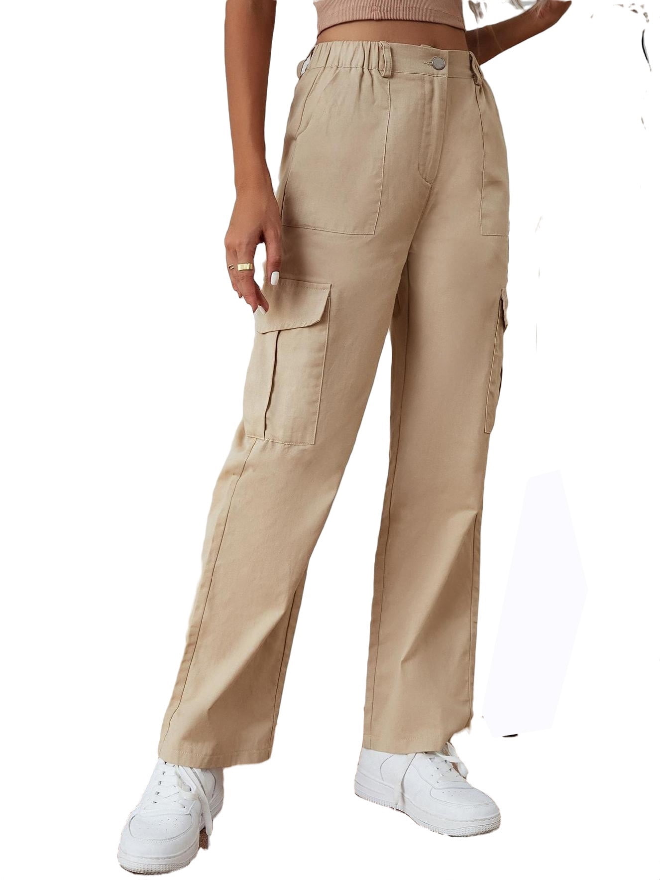 Women's Pants Solid High Waist Cargo Pants Khaki L