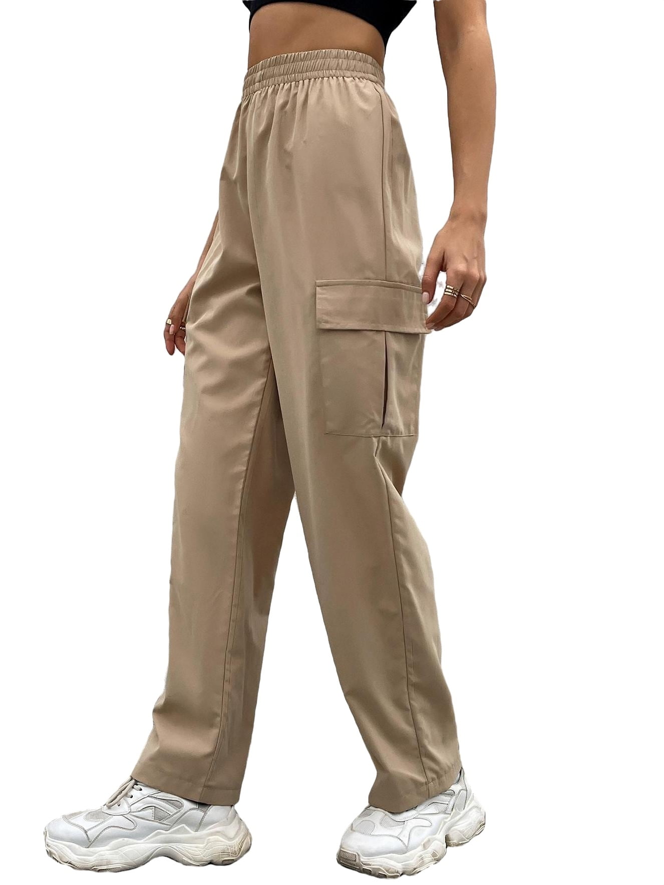 Women's Pants Solid High Waist Cargo Pants Khaki L - Walmart.com