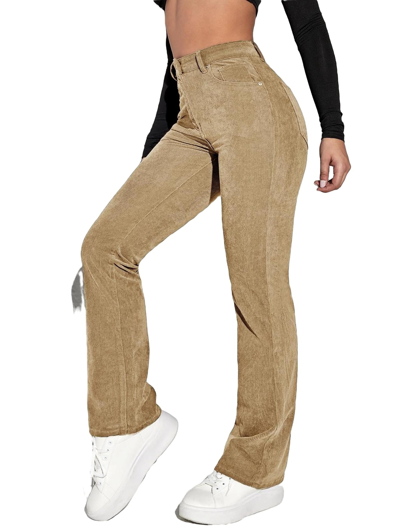 Women s Pants Solid High Waist Flare Leg Corduroy Pants Khaki XS Walmart