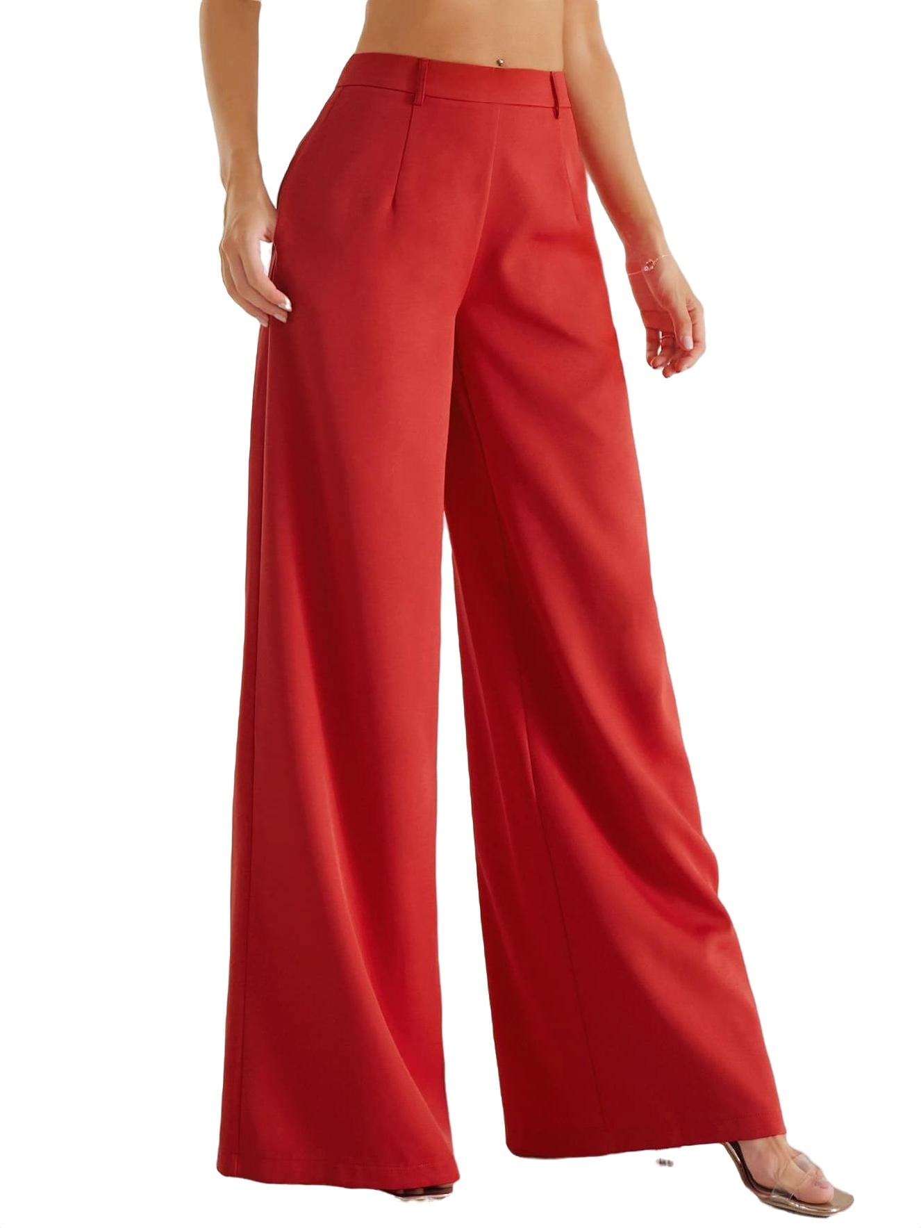 Women's Pants Solid High Waist Wide Leg Pants Red S