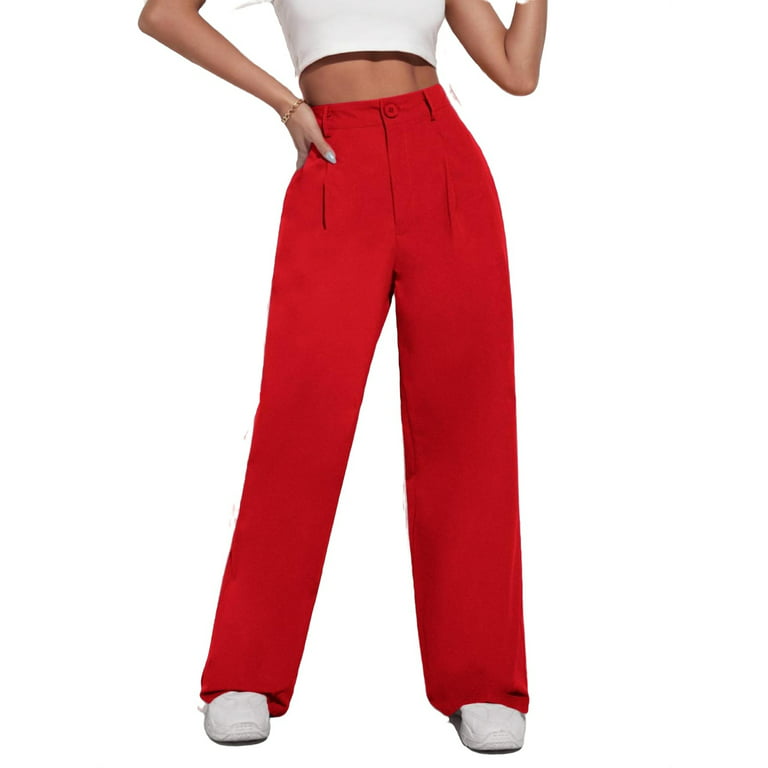 Women's Pants Solid High Waist Wide Leg Pants Red S