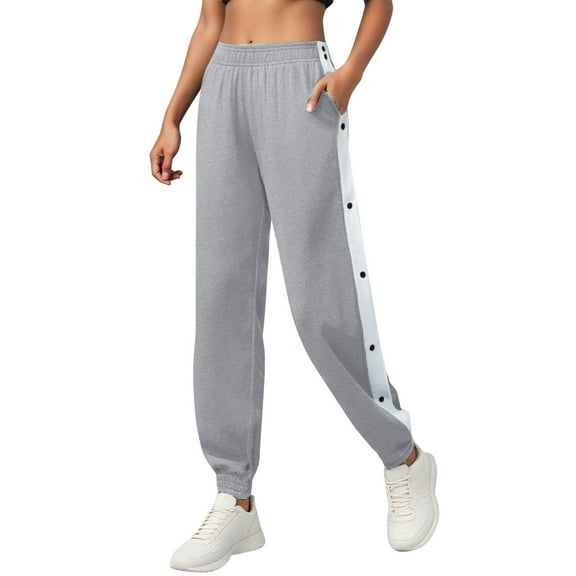 Women's Pants Sports Comfort Jogger Pants Side Buttons Leg-Bound with Pockets Grey Trousers Pants for Women XL