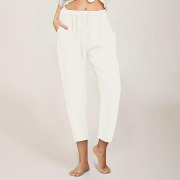 Women's Pants │ Straight Leg Pants Women, Casual Pants for Women, Travel Clothes Women, Thin Pants, Women's Casual Straight Pants Solid Color Casual 9 Points Pants With Pockets, White, L