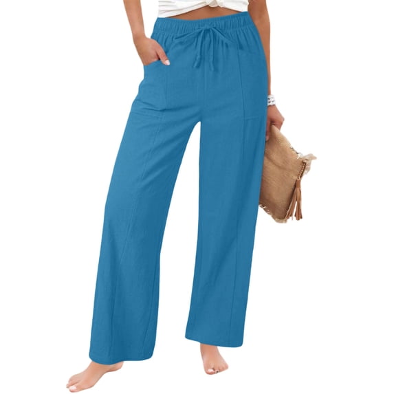 Women's Pants Summer Casual Cotton Linen Pants Elastic Waist Straight Leg Travel Trousers Vacation Outfits