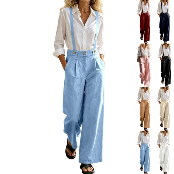 Women's Pants Summer Vintage Suspender Overalls Adjustable Strap Wide Leg Dressy Jumpsuit High Waist (BU2 L)