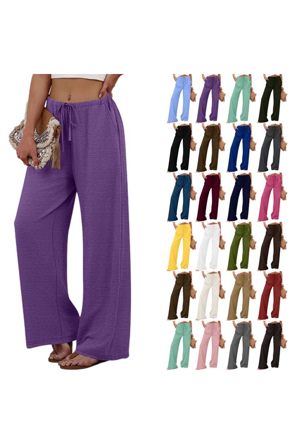 Women's Pants Summer Wide leg Beach Pants Solid Color Stretched-Waist Linen Casual Pants