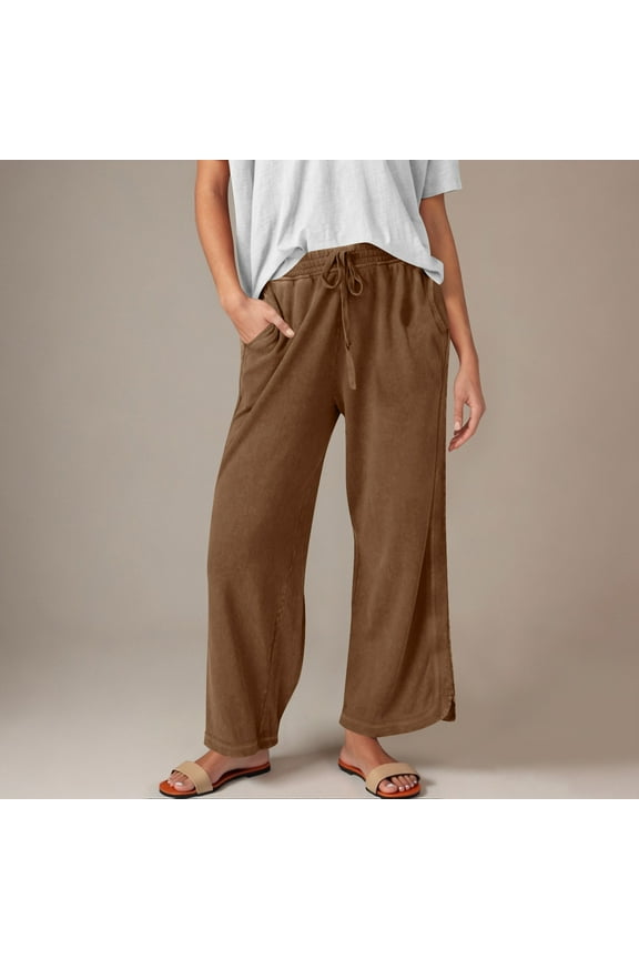Petite Women's Elastic Waist Pants with Pockets Casual Wide Leg Trousers Loose Fit Comfort Under $10
