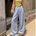 thumbnail image 1 of Women's Pants Vertical Stripe Print Linen Palazzo Pants Drawstring Elastic Waist Wide Leg Flowy Summer Casual Beach Trousers, 1 of 6