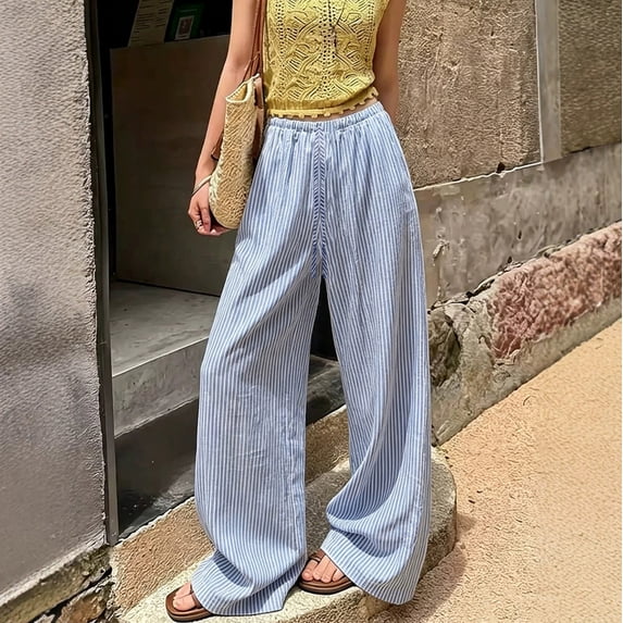 Women's Pants Vertical Stripe Print Linen Palazzo Pants Drawstring Elastic Waist Wide Leg Flowy Summer Casual Beach Trousers