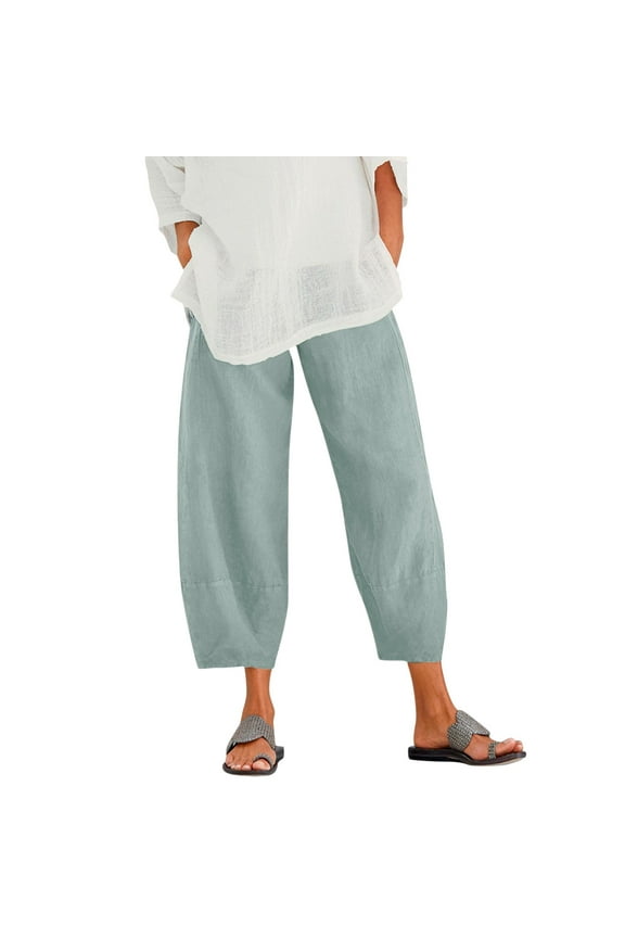Women's Pants Waist Crop Loose Colour Pure Harem Linen Elastic Pocket Casual Light Blue Yoga Pants Sizes XL