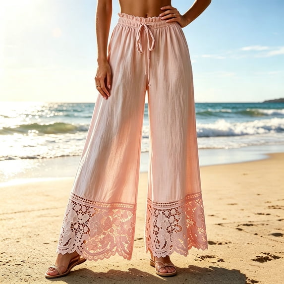 Women's Pants Wide Leg Casual Plus Size Solid Color Lace Casual Wide Leg Pants