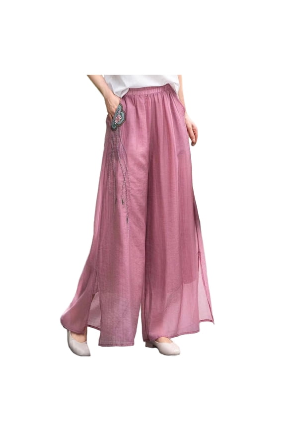 Women's Pants, Wide Leg Pants for Women Double-Layer Flowy Chiffon Casual 2026 Summer Elastic Waist Loose Lightweight Palazzo Pants Pink L