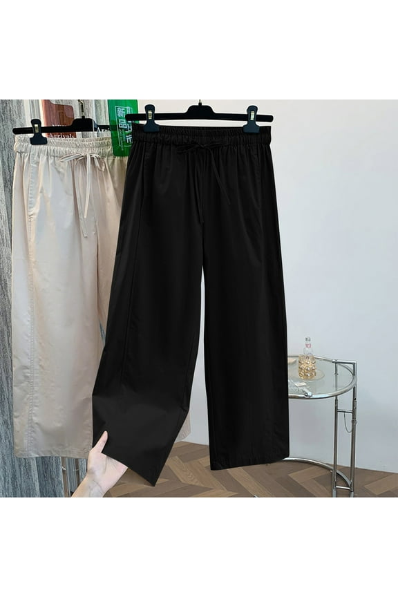 Women's Pants With Pockets And Elastic Waistband Under $10 Loose Fitting High Waisted Linen Wide Leg Long Pants Appear Slim And Color Pants