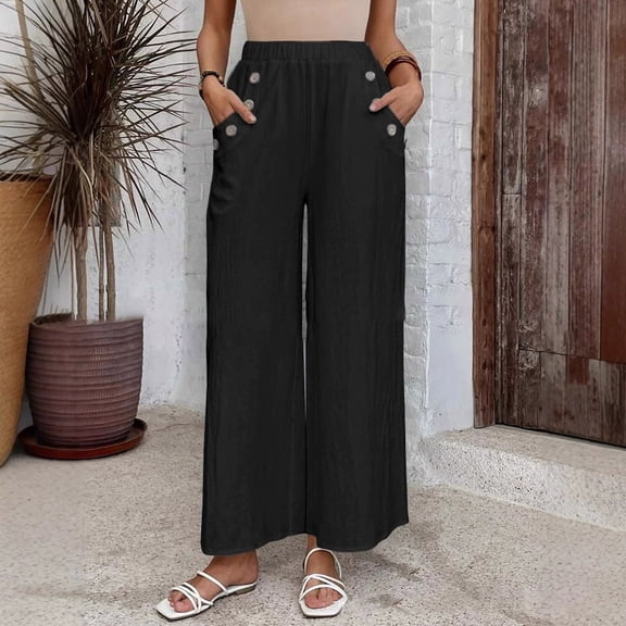 Women's Pants Women'S Spring And Summer Wide Leg Pants Solid Color Cotton High Waisted Casual Pants,Black Women's Casual Pants S
