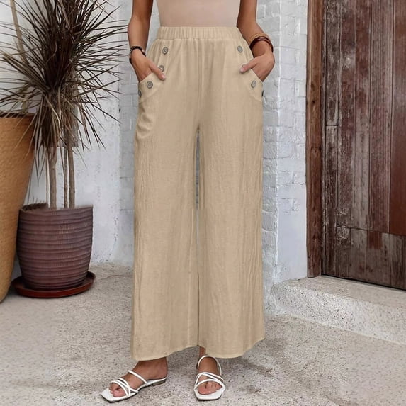 Women's Pants Women'S Spring And Summer Wide Leg Pants Solid Color Cotton High Waisted Casual Pants,Yellow Women's Casual Pants L