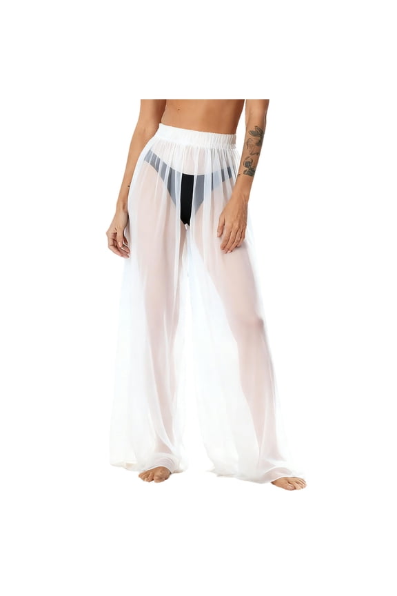 Women's Pants,Women See Through Sheer Mesh Pants Beach Swimsuit Bikini Bottom Cover up Party Club Elastic High Waist Wide Leg Pants