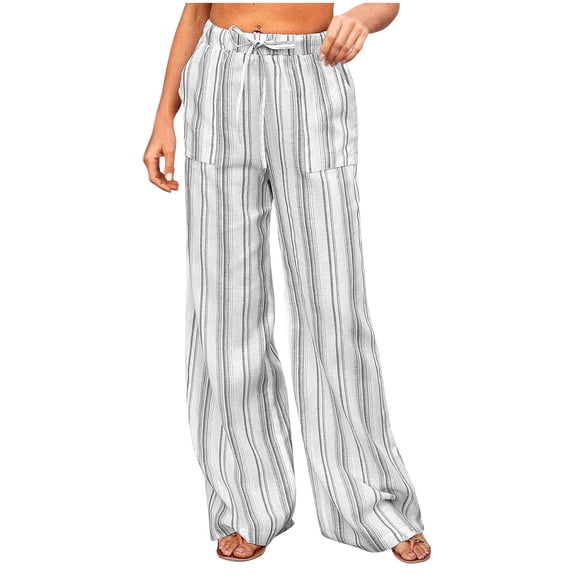 Women's Pants, Women Striped Pants Linen Beach Wide Leg Palazzo Pant Trendy Drawstring Waist Flowy Lounge Trouser with Pockets Gray M