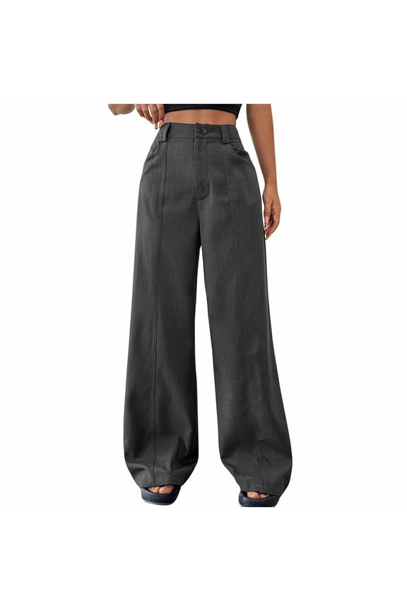 Women's Pants, Women's Flared Leggings 2026 Casual Loose Straight Wide Leg Trousers with Pockets Flair Pants Dark Gray M