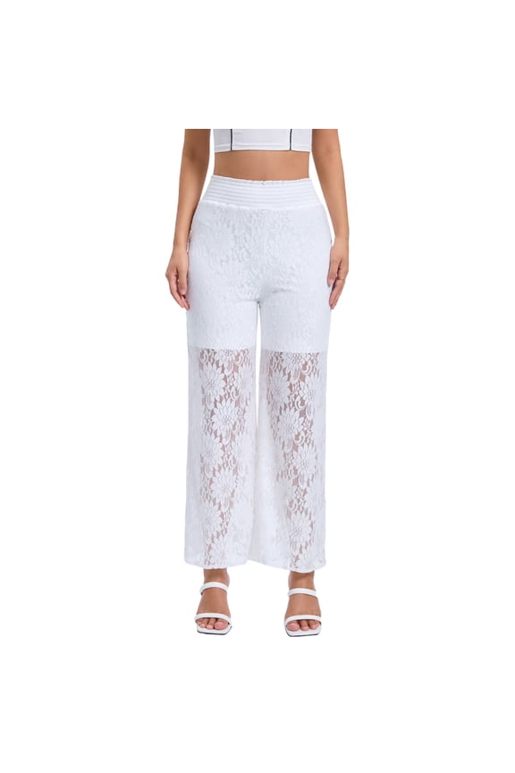 Women's Pants - Women's Lace Bell Bottom Pants Mesh Flare Leg High Waisted Sheer Sexy Goth Leggings Trousers White L