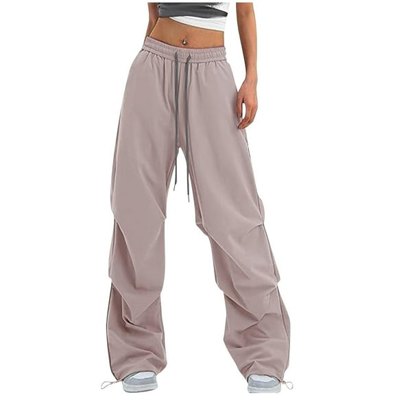 Women's Pants, Women’s Y2K Baggy Parachute Pants High Waist Wide Leg Casual Track Pants with Adjustable Drawstring Waist Pink M