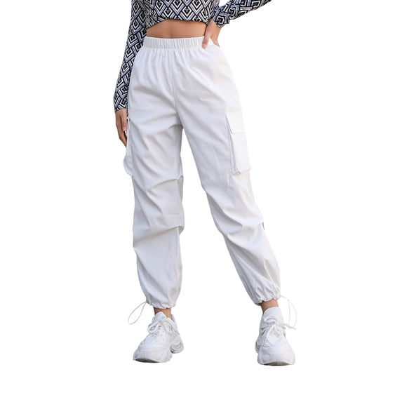 Women's Pants - Womens Baggy Cargo Joggers Lounge Elastic High Waist Parachute Pants Lightweight Multi Pockets Hiking Athletic Trousers White M