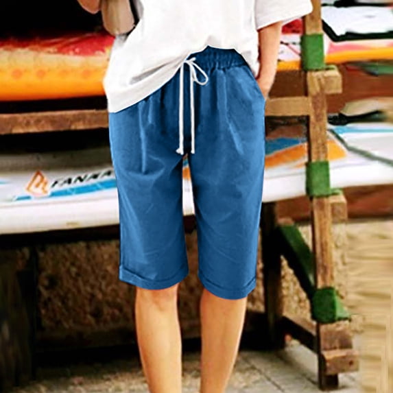 Women's Pants Womens Bermuda High Rise Shorts Knee Length Cotton Linen Drawstring Casual Shorts Athletic Jogger Workout Shorts Knee Length Pants for Women Casual Summer