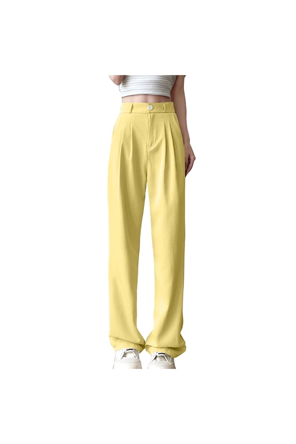 Women's Pants - Womens High Waisted Wide Leg Pants Pleated Tailored Trousers with Pockets Business Casual Dress Pants Yellow L