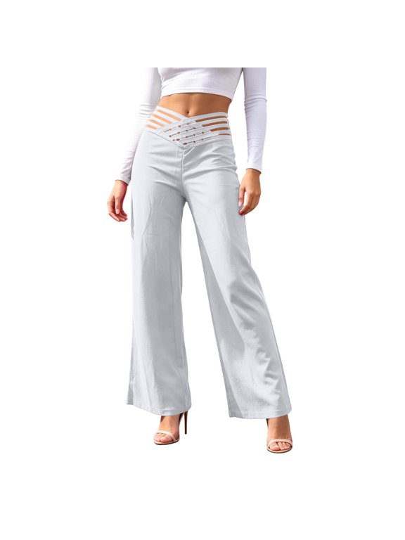 Women's Pants, Womens Wide Leg Dress Pants Criss Cross High Waist Novelty Trousers Stylish Casual Cut Strappy Flowy Pants