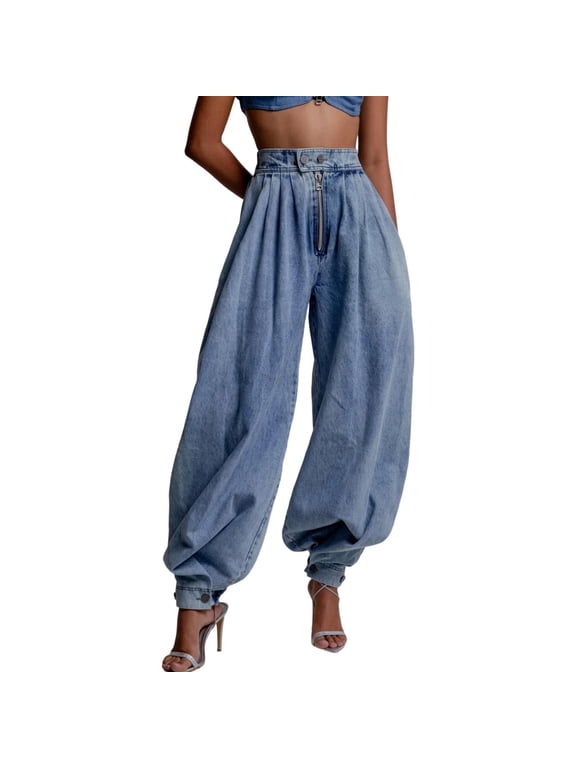 Women's Pants for Work Zipper Jeans High Waisted Harem Trousers Baggy Wide Leg Vintage Balloon Denim Pants