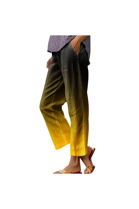 Women's Pants with Pockets Gradient Print Straight Leg High Waist Cropped Trousers Casual Loose Lounge Pants (2XL, Yellow)