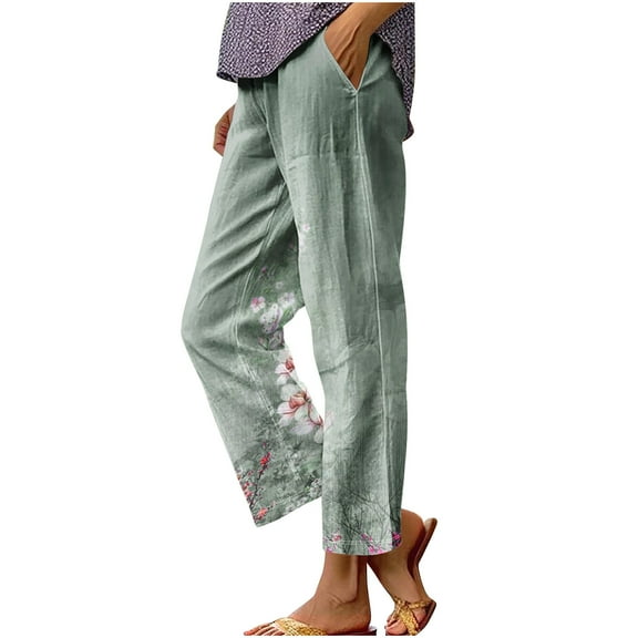 Women's Pants with Pockets Gradient Print Straight Leg High Waist Cropped Trousers Casual Loose Lounge Pants (L, Army Green 1)