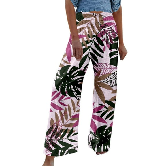 Women's Pants with Pockets Long High Waist Summer Print Wide Leg Leisurely Elastic Pink Loose Pants for Women XL