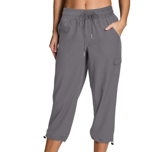 Women's Pants with Pockets Plus Size Elastic Waist Straight Leg Women's Summer Casual Loose Capris Trousers Sweatpants with Drawstring Gray M