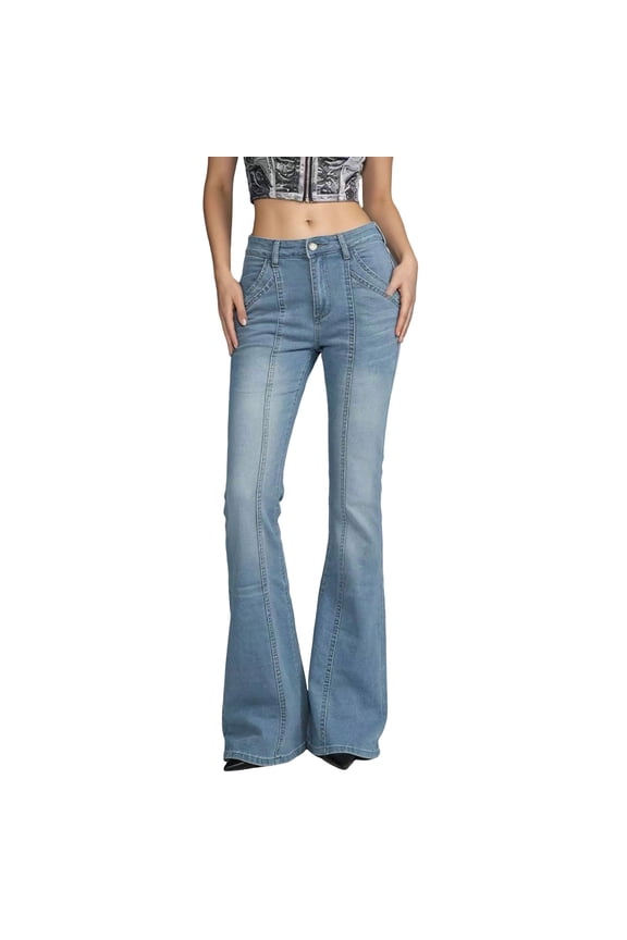 Women's Pants with Pockets,Women's High Waisted Jeans Wide Leg Button Fly Bell Bottoms Flared Solid Color Denim Pants