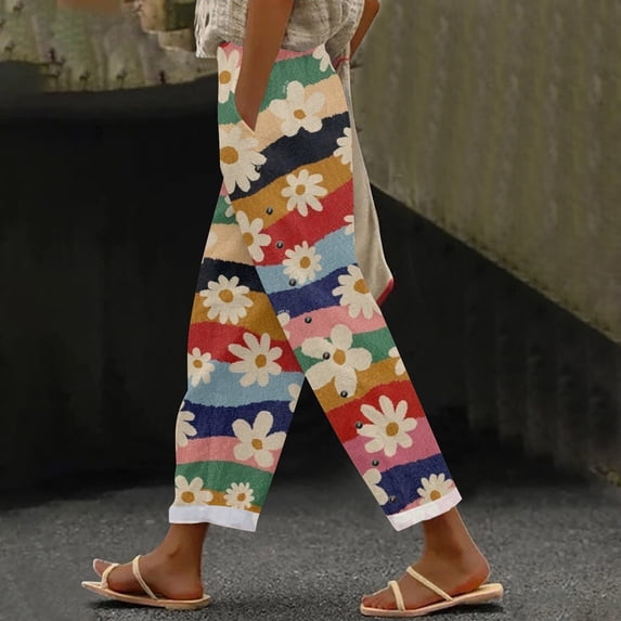 Women's Paper Bag Waist Straight Leg Pants, Floral Printed Palazzo Trousers with Side Buttons and Pockets, Elastic Belt Casual Cropped Pants for Vacation, Beach and Daily Wear